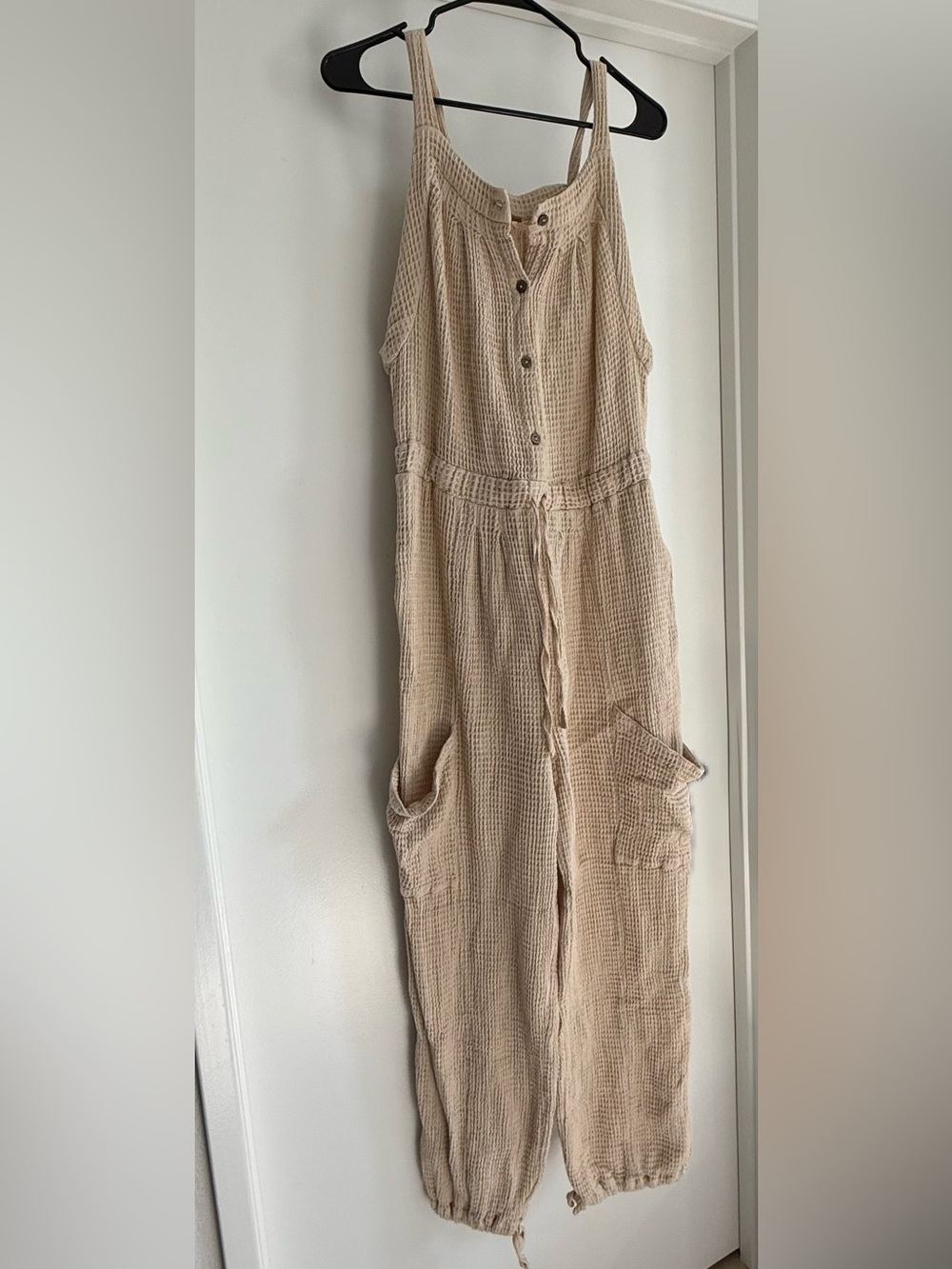 Free People Cream Waffle-Knit Sleeveless Jumpsuit with Drawstring Waist